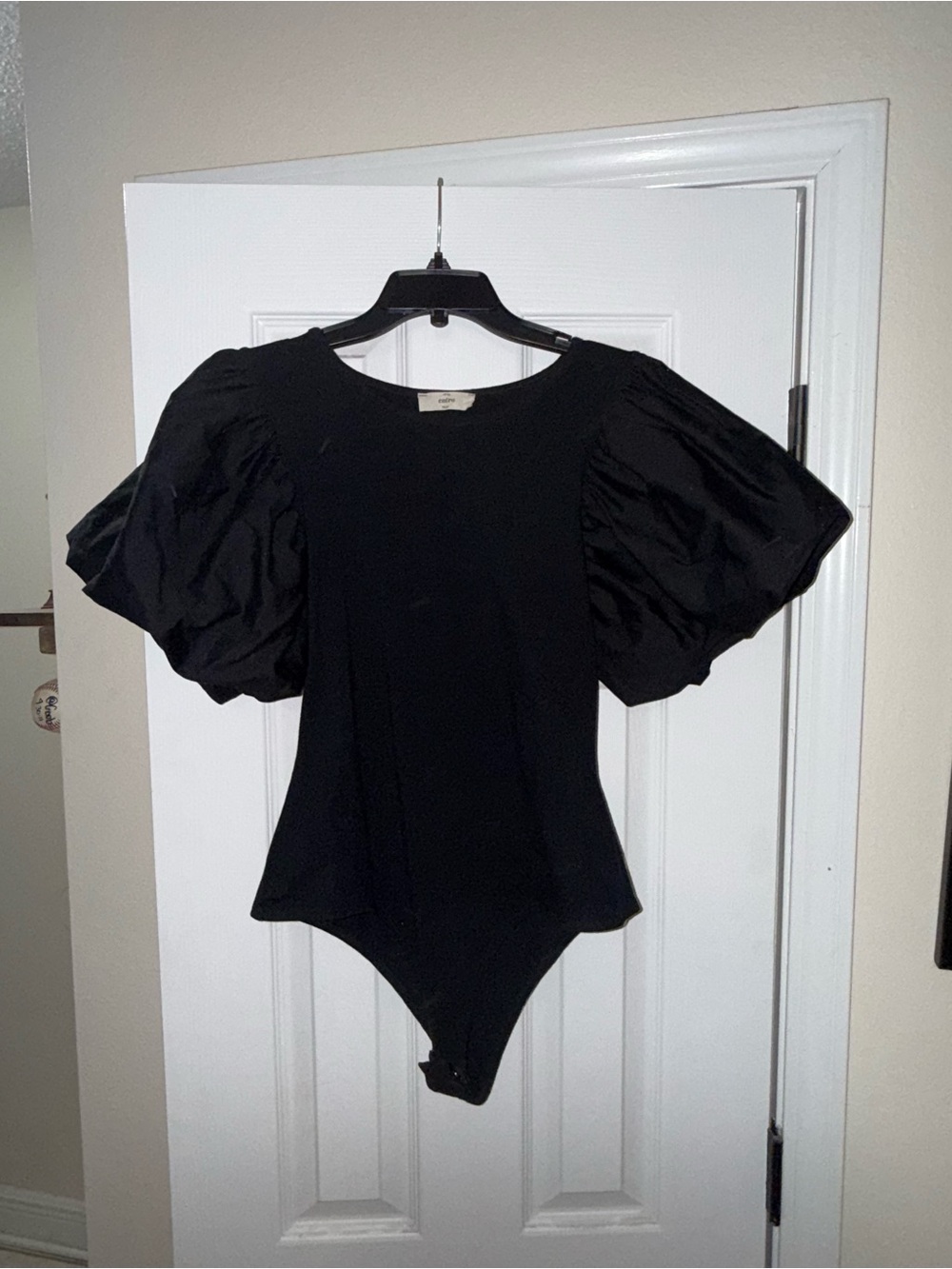 Black Puff-Sleeve Bodysuit - Women's Top